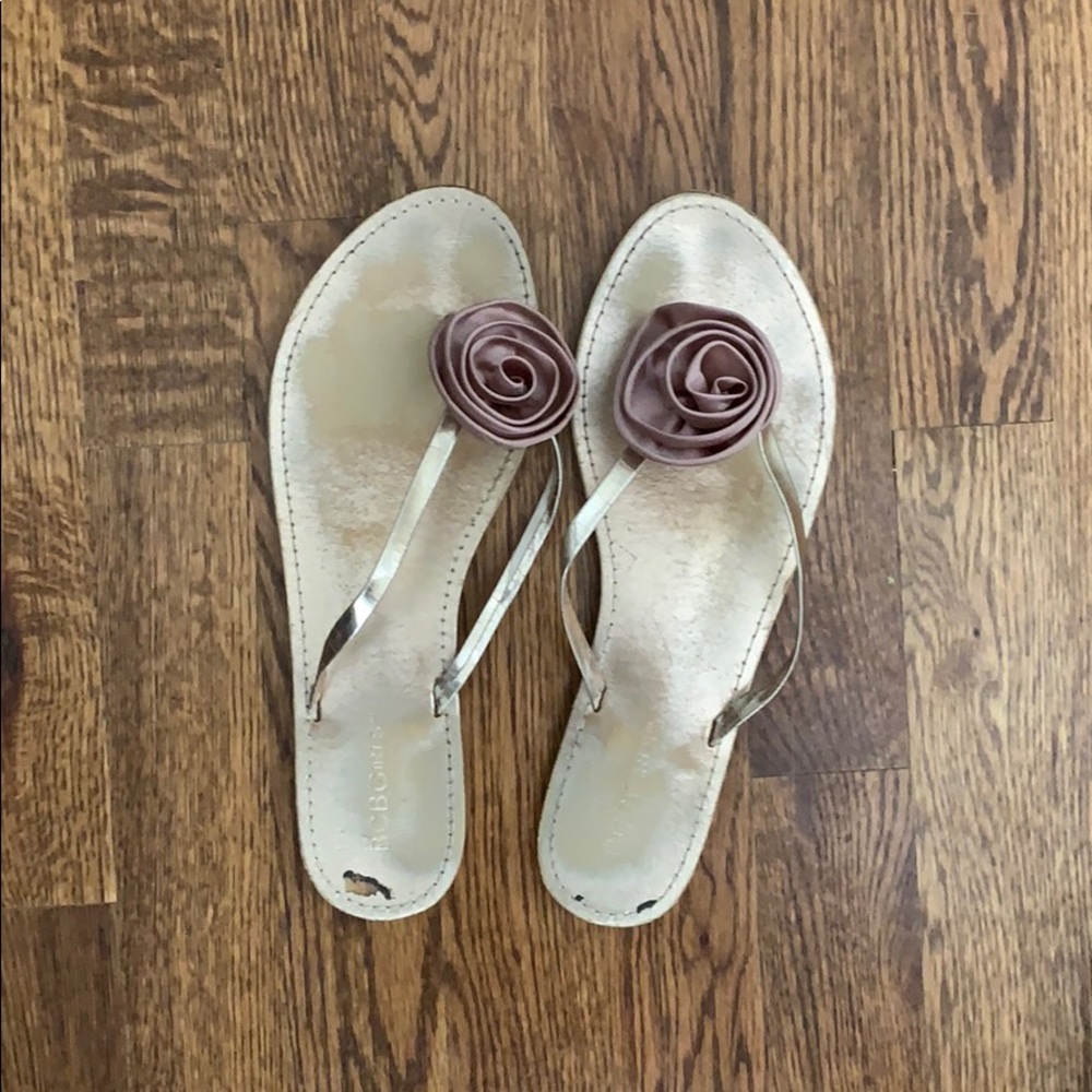 BCBG rose gold rosebud sandals